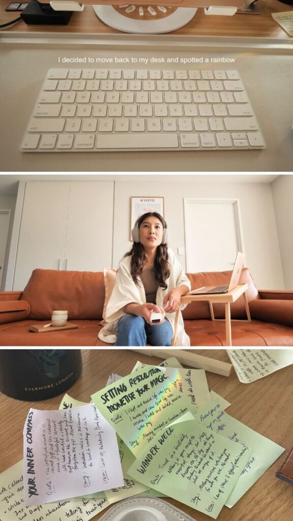 Home office productivity setup with keyboard, woman on sofa, and colorful sticky notes with motivational messages.