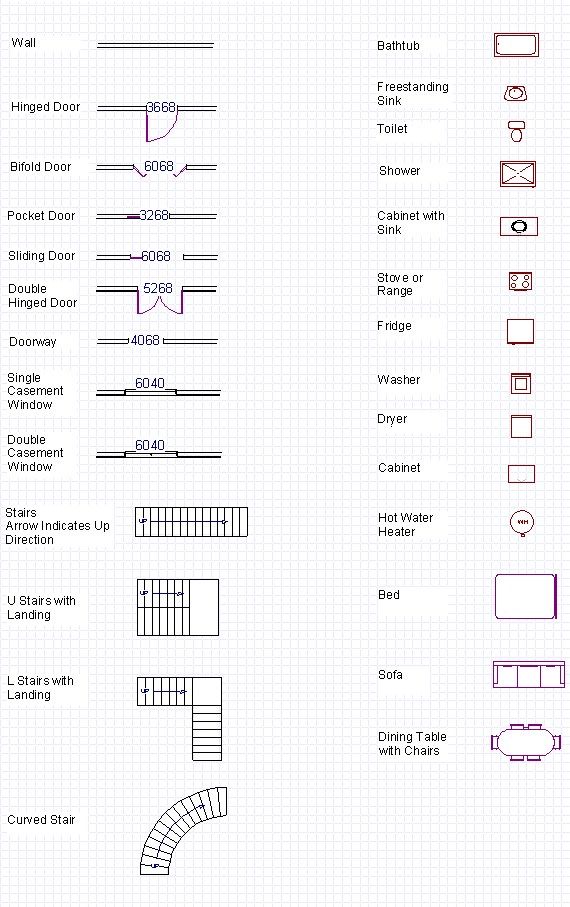 Blueprint symbols for doors, windows, stairs, and furniture including bathtub, sink, fridge, and dining table.