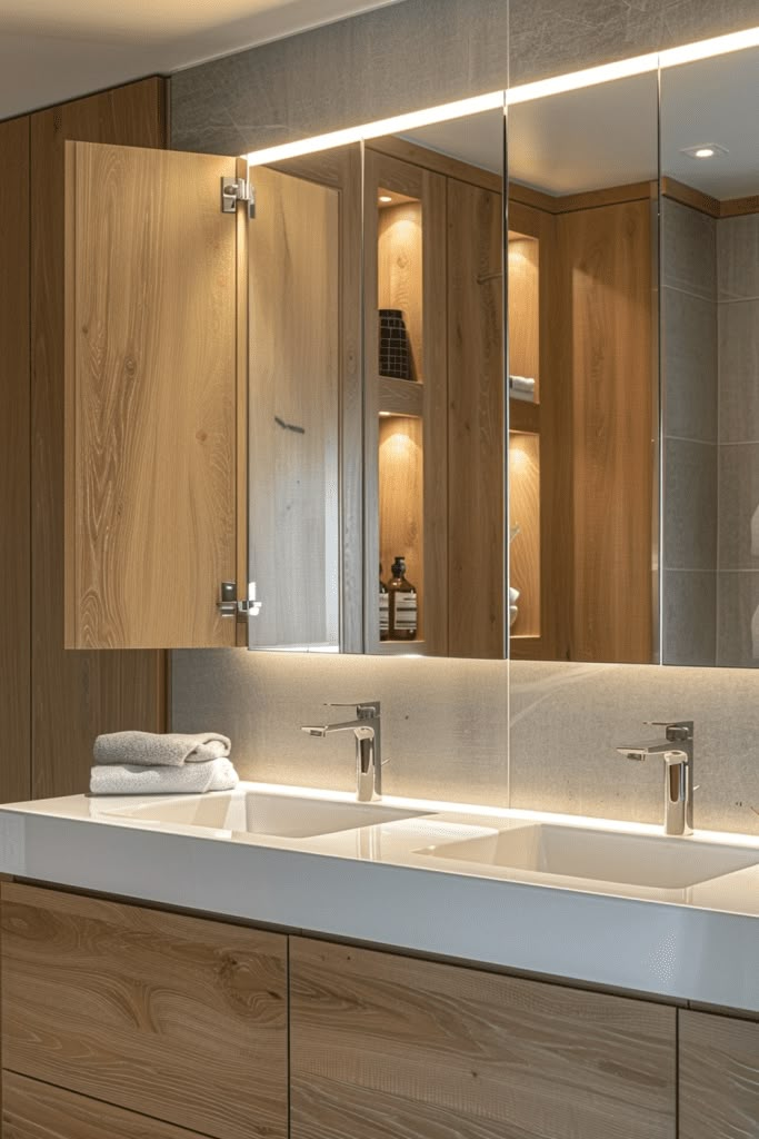 Modern bathroom with dual sinks, wooden cabinetry, and illuminated glass shelves for an elegant, contemporary look.