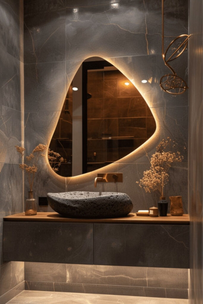 Modern bathroom with a unique backlit mirror, stone basin, and decorative dried plants on a wooden vanity.