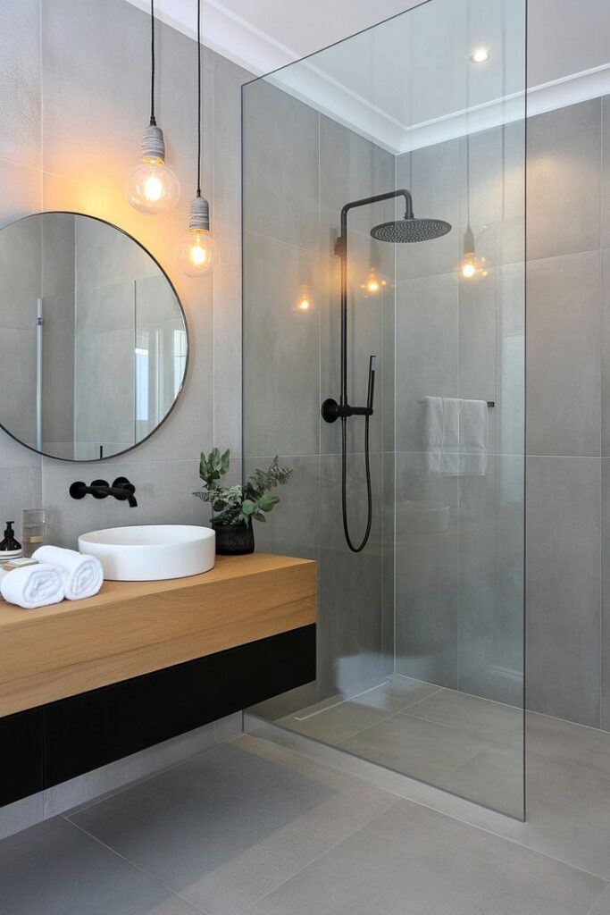 Modern bathroom with glass shower, round mirror, and wooden vanity with vessel sink and pendant lighting.