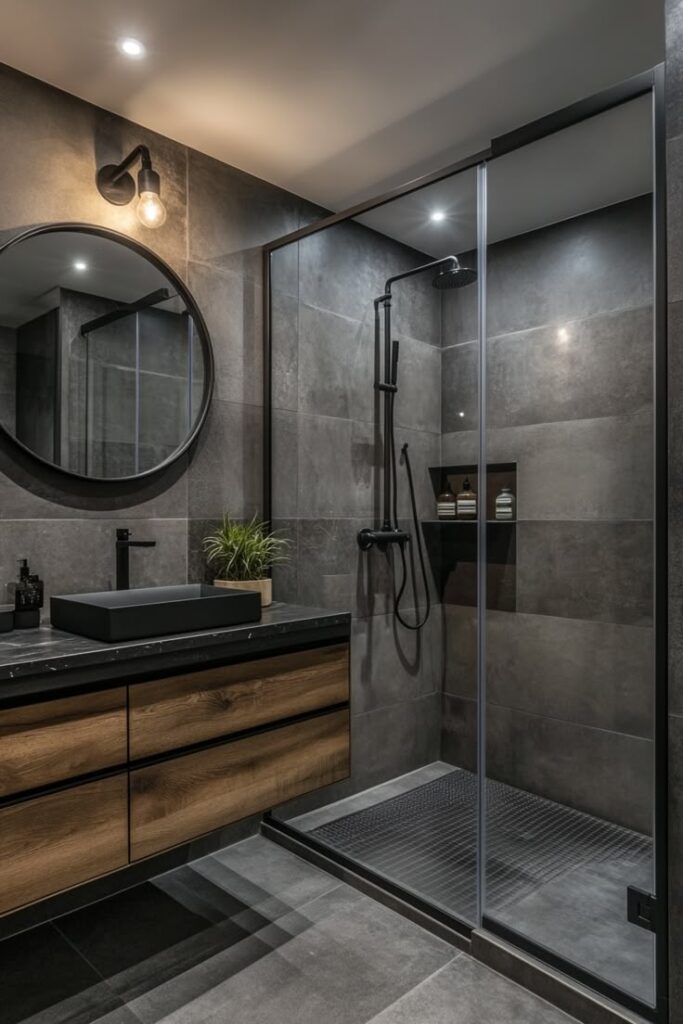 Modern bathroom with glass shower, dark tiles, round mirror, wooden vanity, and black sink.