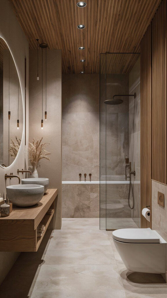 Modern bathroom with wooden accents, glass shower, dual sinks, and ambient lighting. Minimalist design.