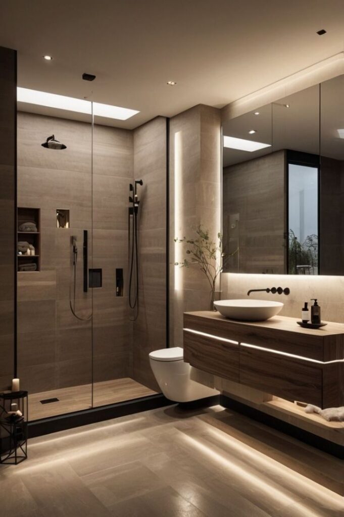 Modern minimalist bathroom design with glass shower, wood accents, and sleek lighting.