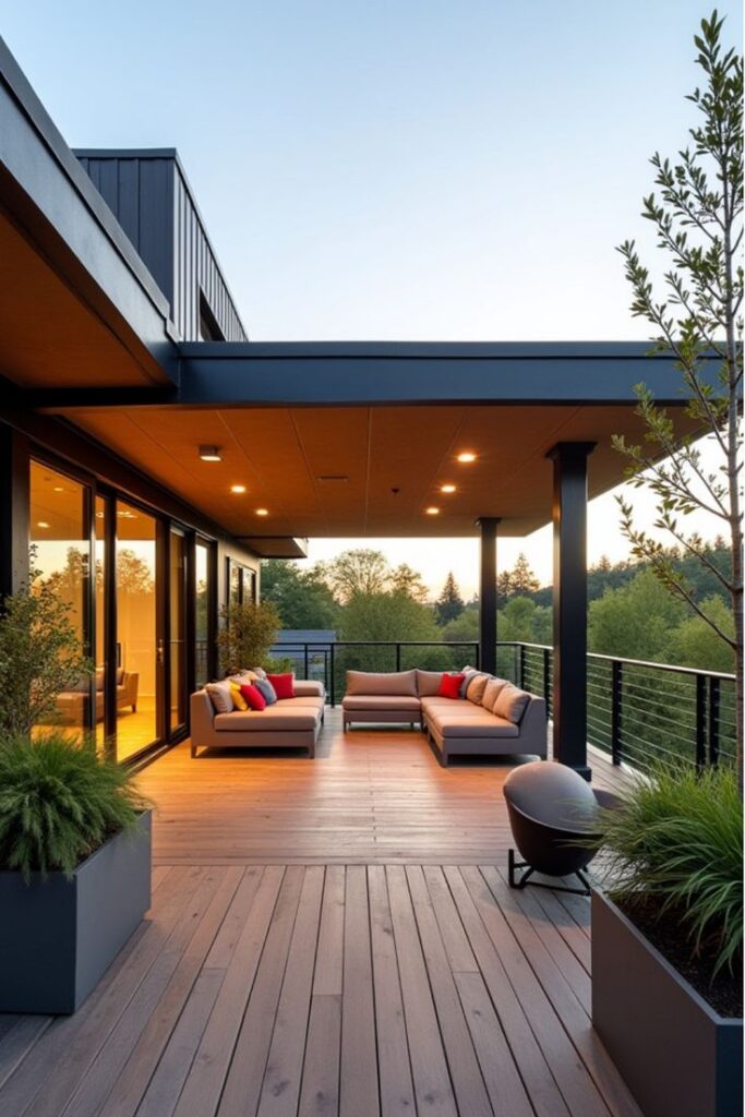 Modern rooftop patio with stylish seating, warm lighting, and lush greenery at sunset.