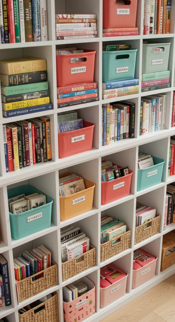 Organized bookshelf with colorful bins and neatly arranged books for a tidy and functional home library.