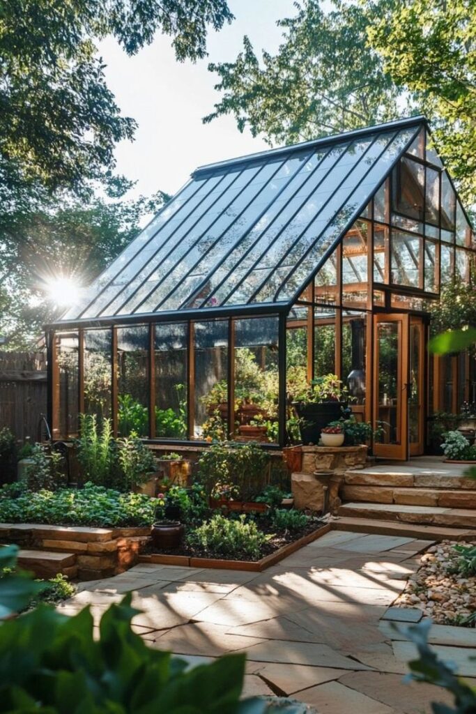 Sunlit greenhouse surrounded by lush garden plants, showcasing a serene outdoor environment.