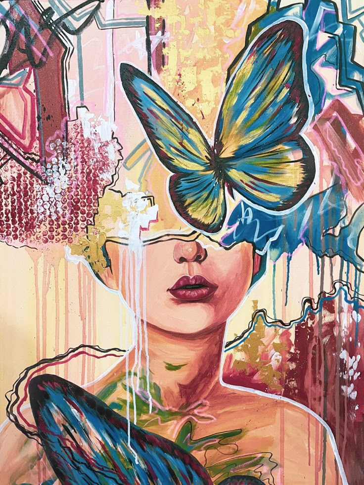 Abstract artwork featuring a vibrant butterfly covering a woman's eyes, surrounded by colorful splashes and patterns.