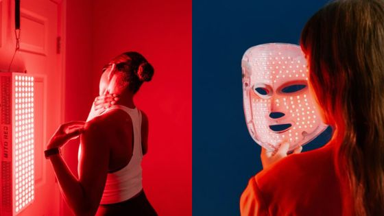 Two women using red light therapy and LED face mask for skincare and wellness treatments.