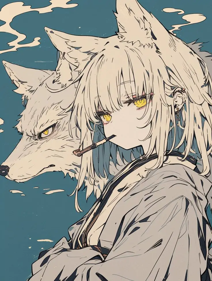 Anime character with wolf ears and yellow eyes next to a wolf, holding a pipe, in a stylized art style.