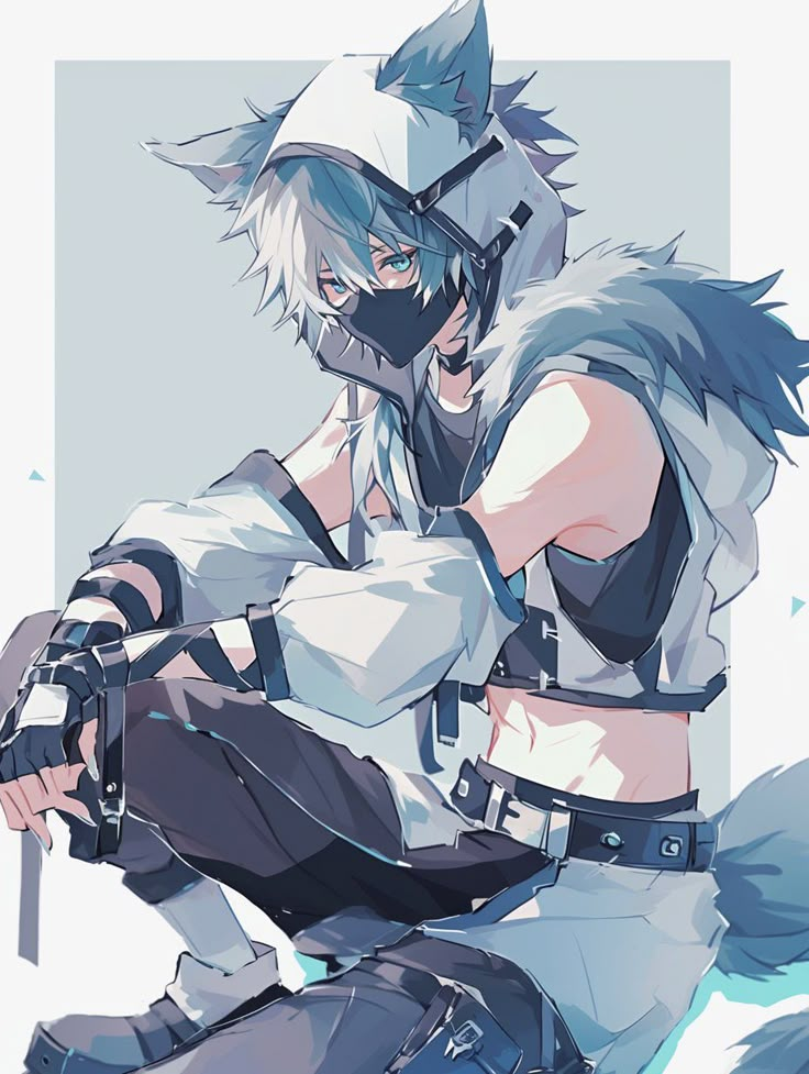 Anime character with wolf ears and mask, wearing tactical attire, sitting and gazing forward.