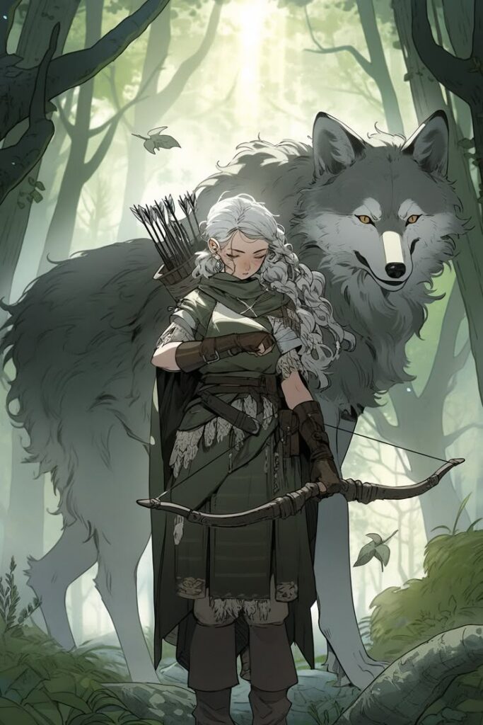 Fantasy archer with silver hair and giant wolf in enchanted forest, sunlight streaming through trees.