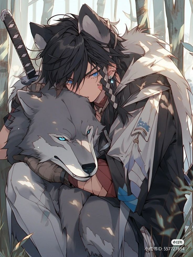 Anime character with wolf ears embracing a gray wolf in a forest. Ethereal connection, nature, and fantasy theme.