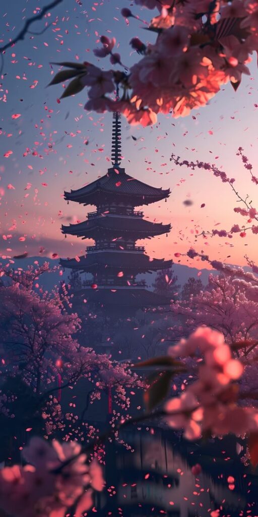 Pagoda at sunset surrounded by cherry blossoms and petals, creating a serene springtime atmosphere.