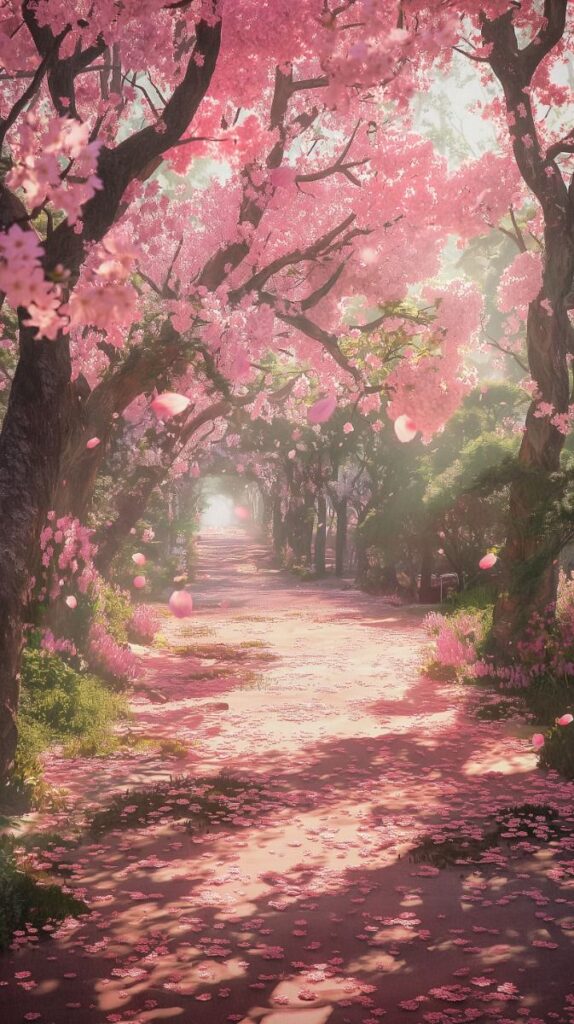 Enchanting pathway under blooming cherry blossom trees, pink petals scattered on the ground, sunlight filtering through.