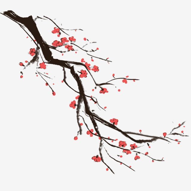 Ink brush painting of a cherry blossom branch with red flowers on a white background.