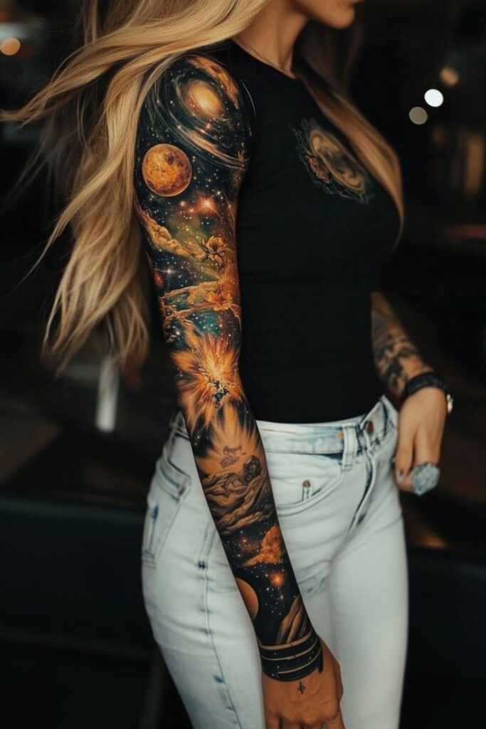 Woman with vibrant cosmic sleeve tattoo, wearing a black shirt and white jeans, showcasing intricate space-themed art.