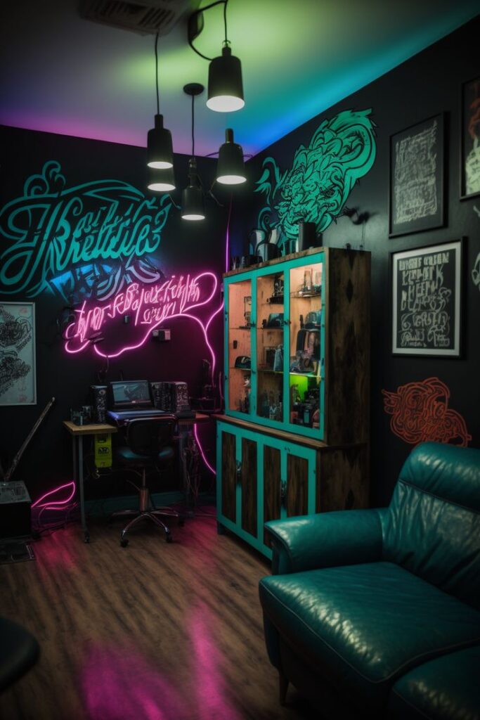 A stylish tattoo studio with neon lights, graffiti, and cozy seating in a creative, modern interior design.