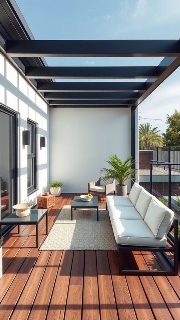 Modern outdoor patio with white sofa, plants, and wooden flooring under a pergola on a sunny day.