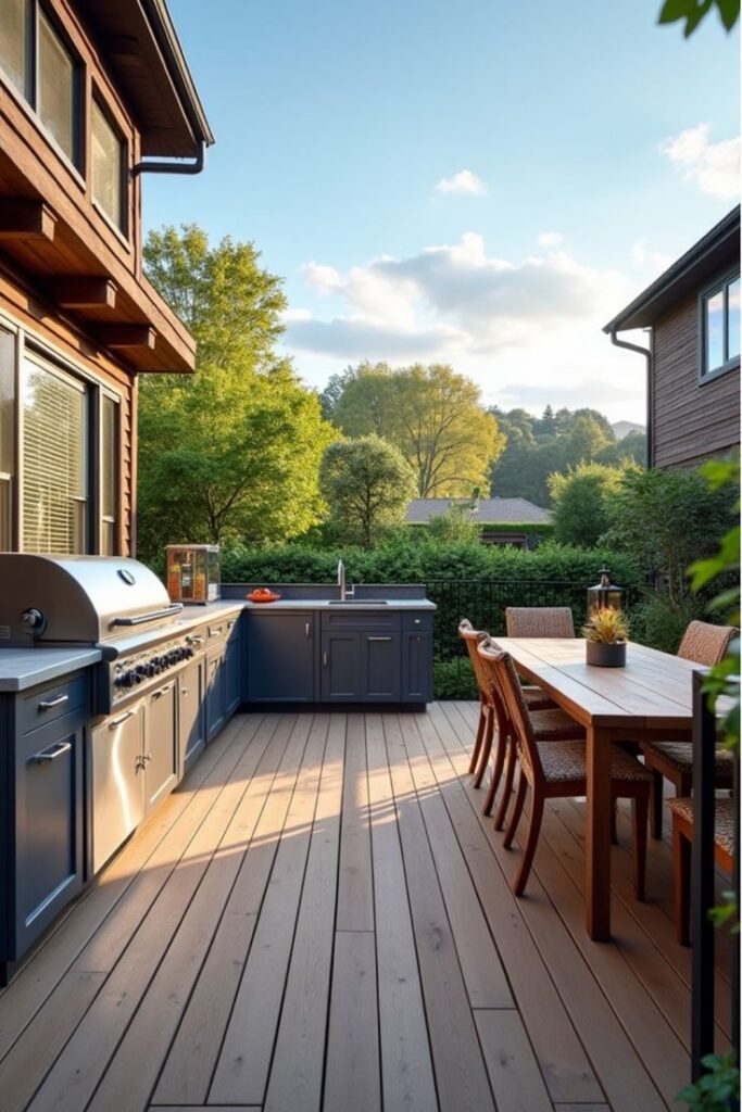 Modern outdoor kitchen and dining area with BBQ and table on a wooden deck, surrounded by lush greenery and sunny skies.