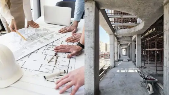 Architects reviewing blueprints next to a construction site, showcasing the planning and building process.