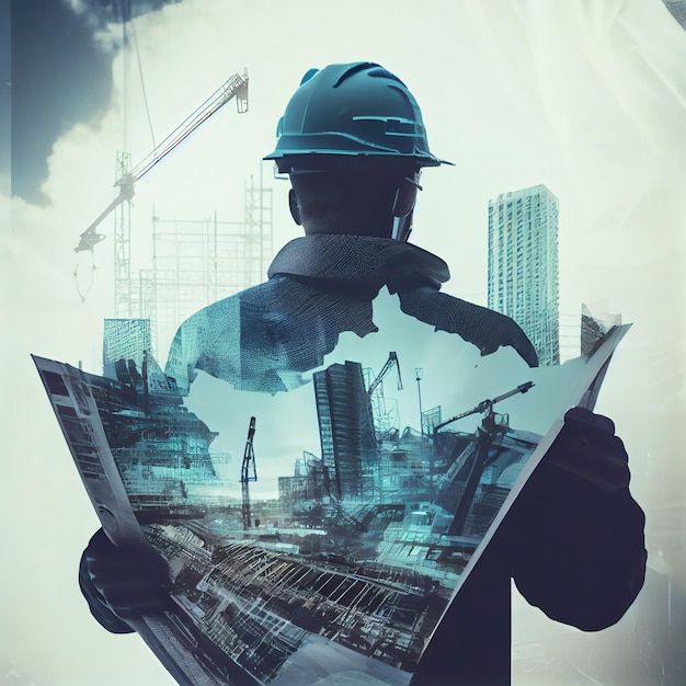 Architect with blueprints and construction site overlay, wearing hard hat, symbolizing urban development and planning.