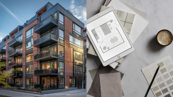 Modern apartment building with design plans on tablet, surrounded by swatches and coffee cup on table.