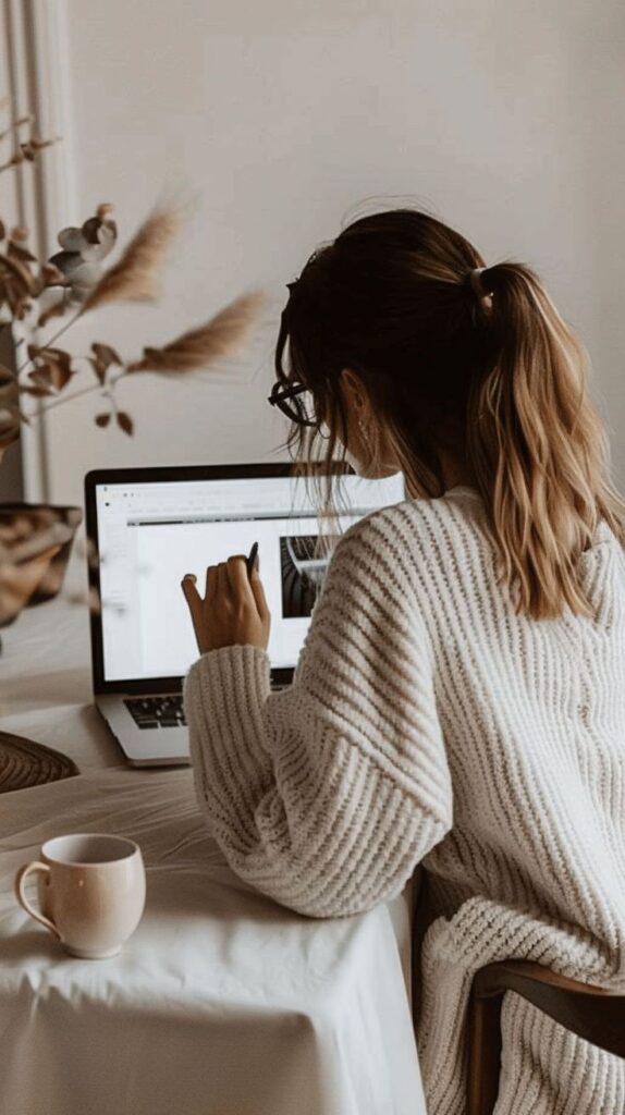 Woman working on laptop in cozy sweater with coffee cup nearby.