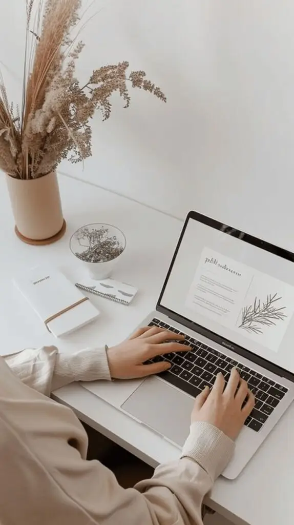 Content Creation Minimalist workspace with person typing on laptop, notebook, and vase with dried plants for a calm, inspiring environment. | Sky Rye Design Minimalist workspace with person typing on laptop, notebook, and vase with dried plants for a calm, inspiring environment.