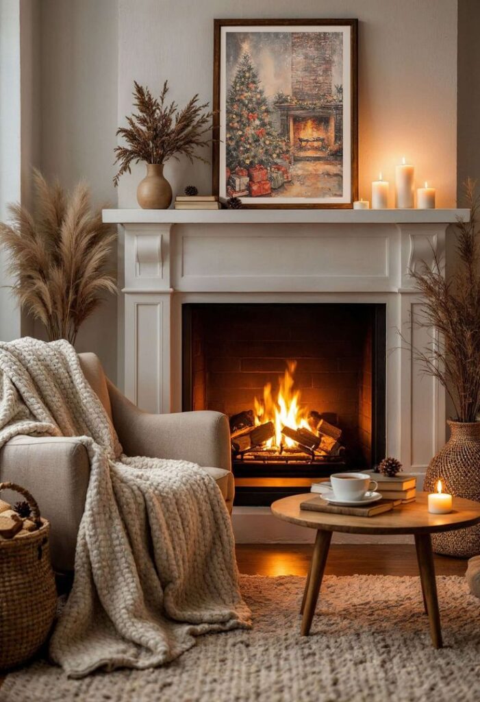 Cozy living room with fireplace, lit candles, and Christmas decor. Armchair draped in blanket beside warm, glowing fire.