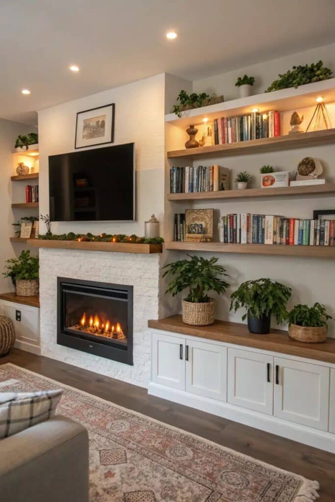 Modern living room with a cozy fireplace, TV, bookshelves, plants, and soft lighting for a warm ambiance.
