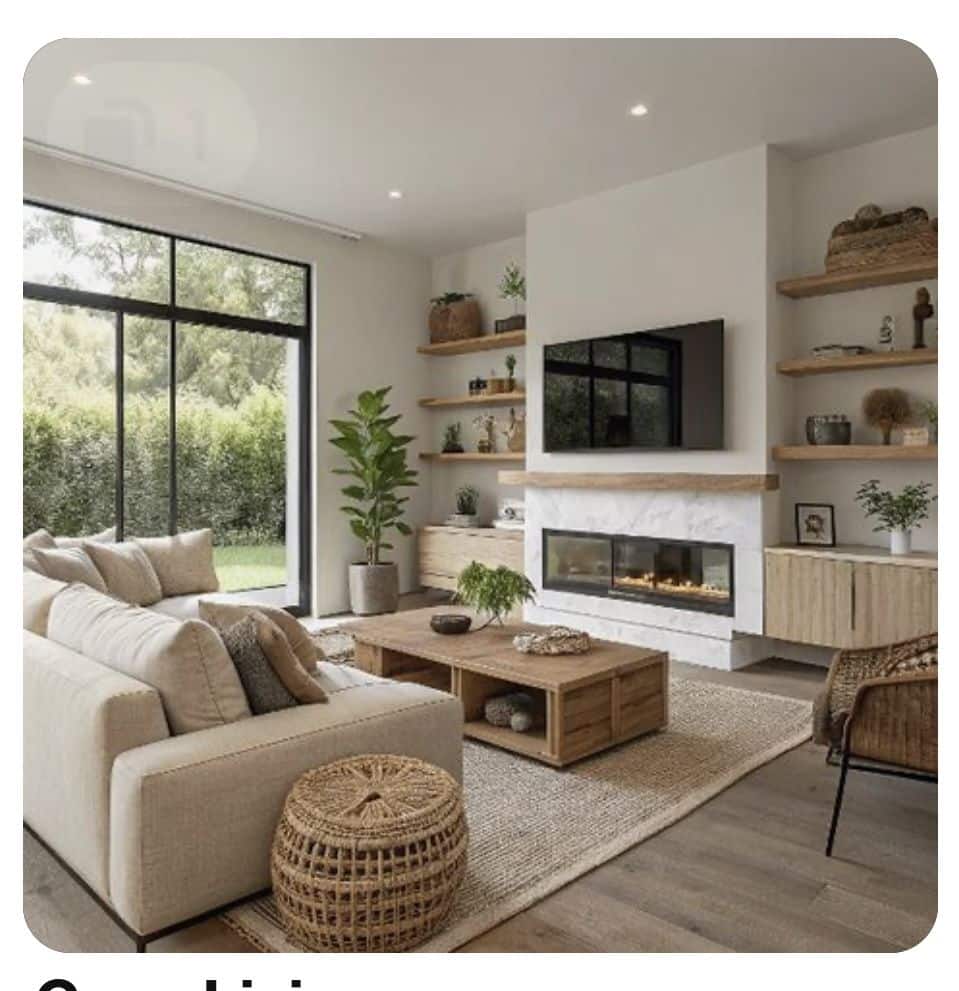 Modern living room with fireplace, beige sofa, wood accents, and large windows for natural light.