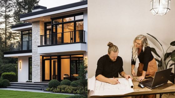 Modern home exterior with architects reviewing blueprints at a desk, planning design details.