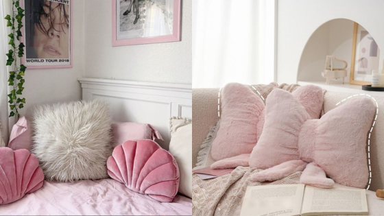 Cozy bedroom corner with pink and furry pillows, soft bedding, and an open book creating a relaxing atmosphere.