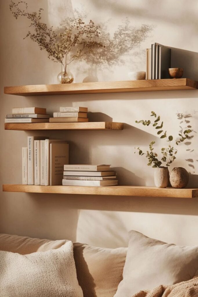 Stylish wooden shelves with books and plants above a cozy beige sofa in warm, natural light.