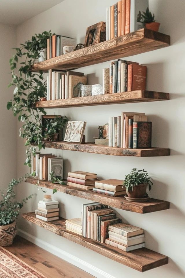 Wooden floating shelves with books and plants, for a cozy and stylish home interior design.