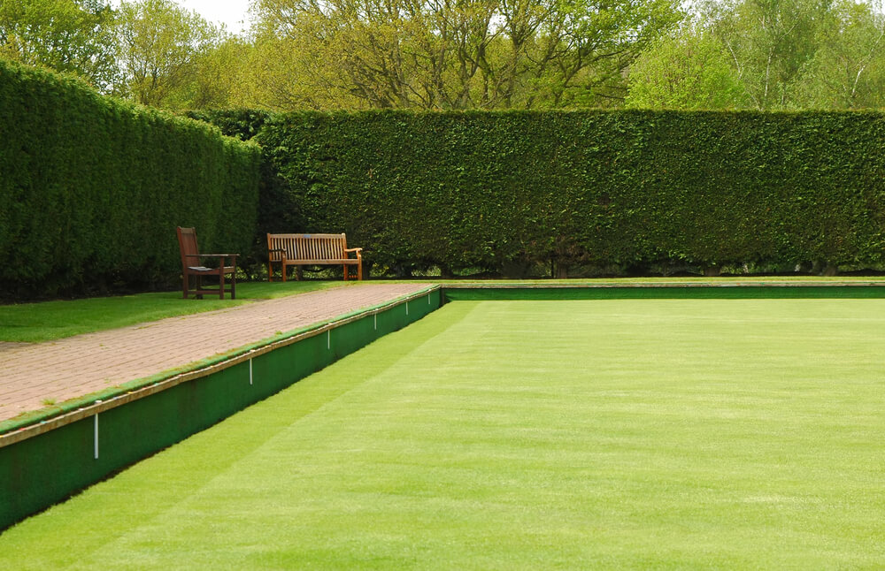 Lush green lawn bowling field with benches and trimmed hedges on a sunny day.