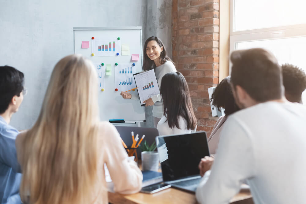 Team meeting: Woman presents data analysis on a whiteboard to a group of colleagues in a bright office setting.