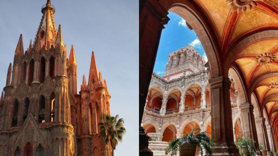 Gothic cathedral and historic arches in San Miguel de Allende, Mexico under a clear blue sky.