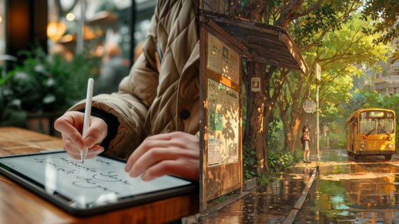 Person writing on tablet; scenic bus stop with yellow bus and lush greenery.