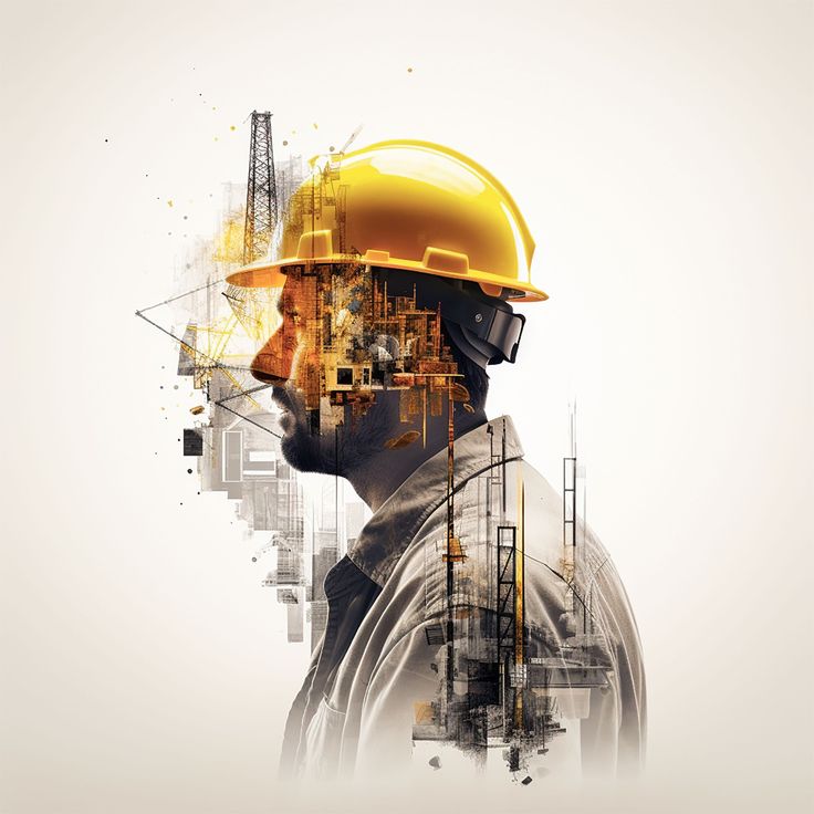 Construction worker merging with industrial elements, symbolizing innovation in engineering and technology.