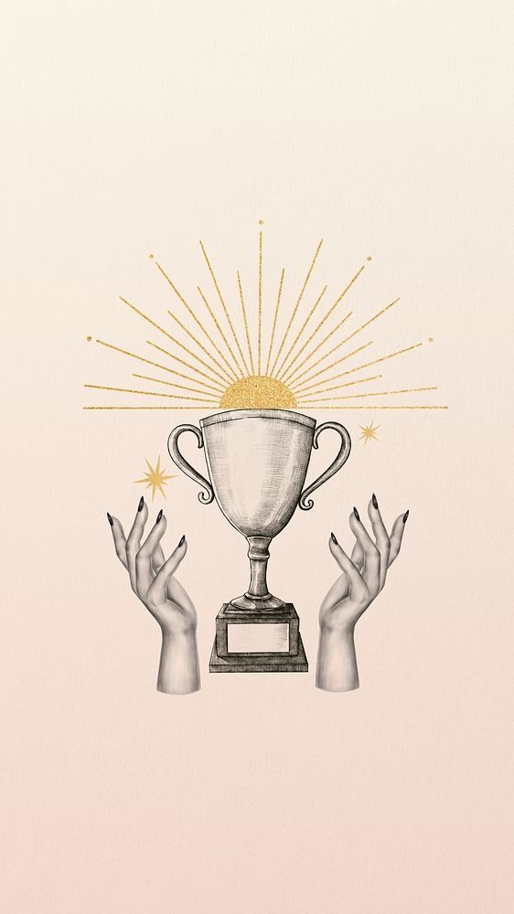 Illustration of hands lifting a trophy with radiant sunburst, symbolizing achievement and success.