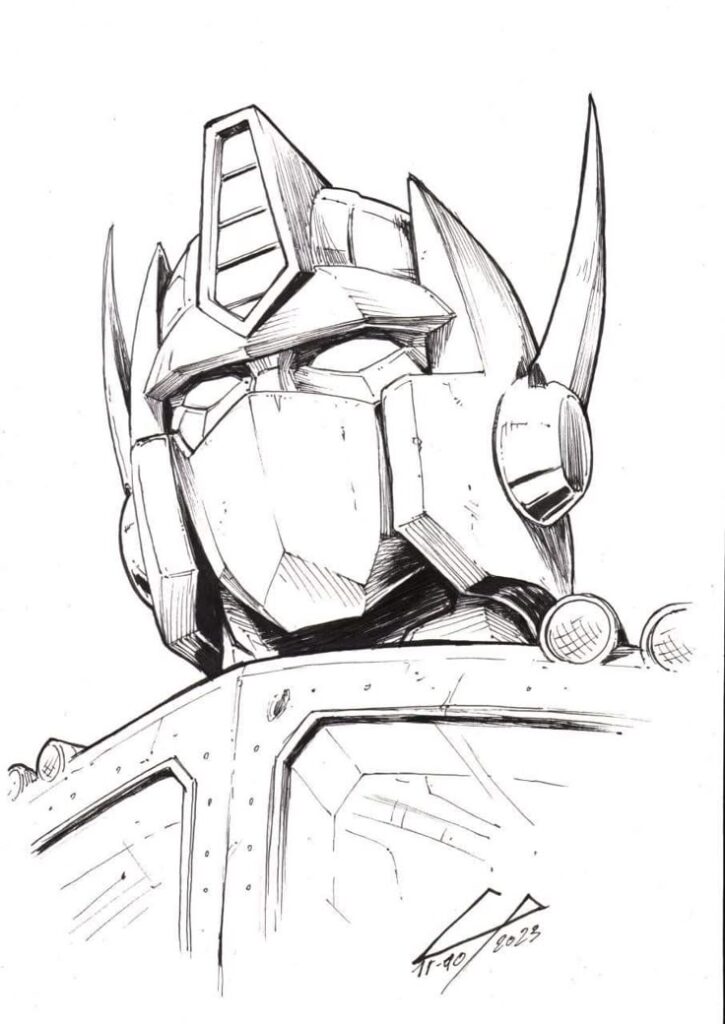 Black and white sketch of a detailed robotic head with angular features and antennae.