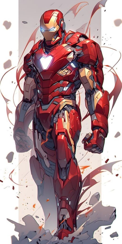 Futuristic red and gold armored superhero suit with glowing chest emblem and dynamic pose.