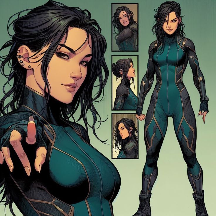 Comic-style female superhero with dark hair in a teal suit, showcasing dynamic poses and expressive panels.