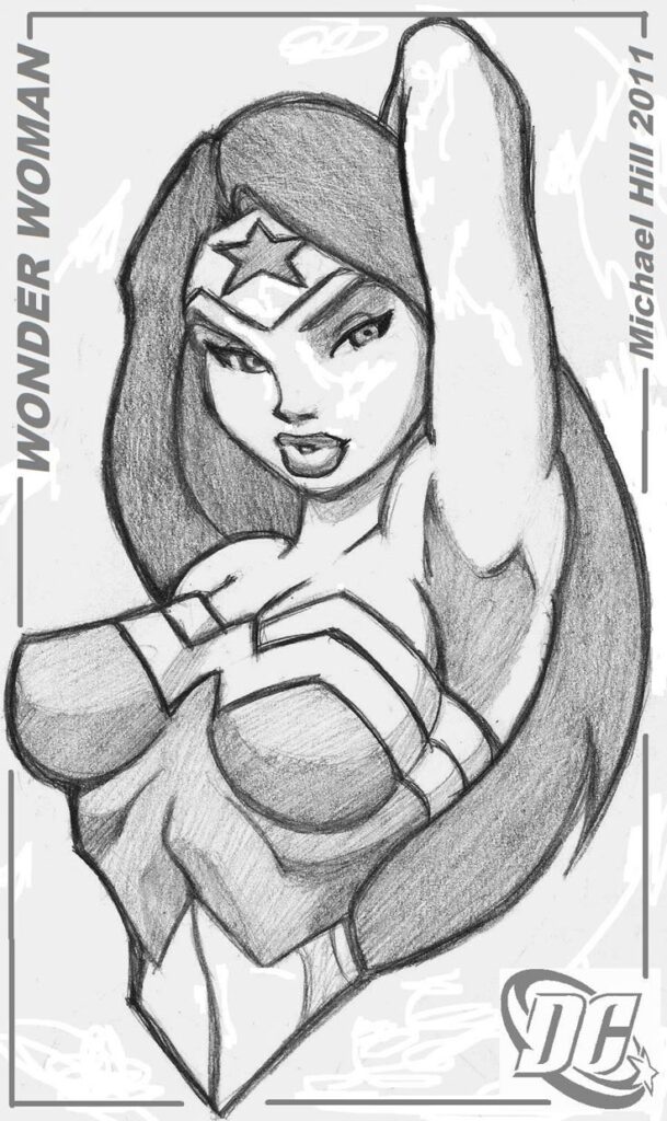 Sketch of a superhero woman posing confidently, wearing a star tiara and costume, hand behind her head.