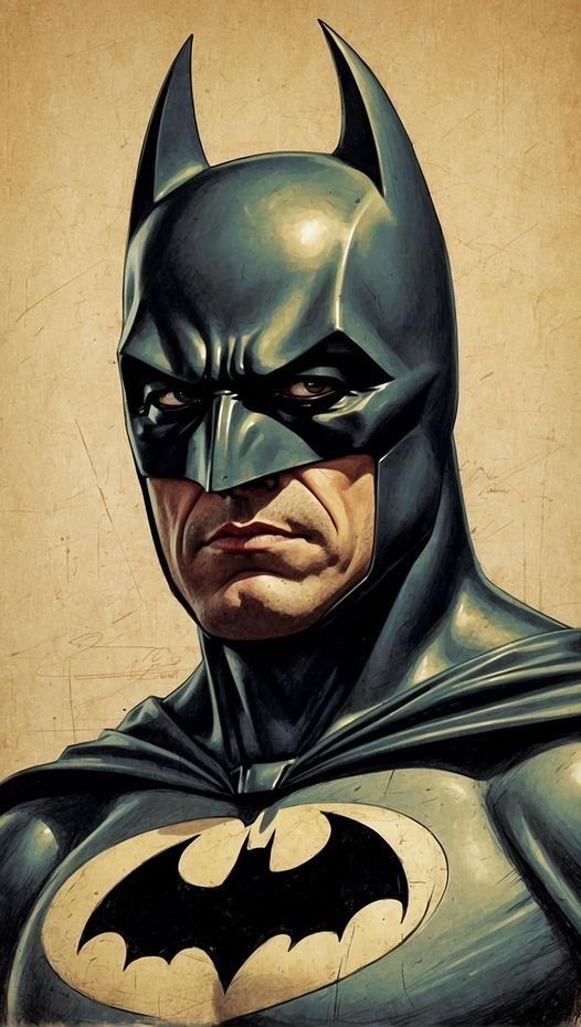 Illustration of a serious, masked superhero in a bat-themed costume with logo on chest, set against a textured background.