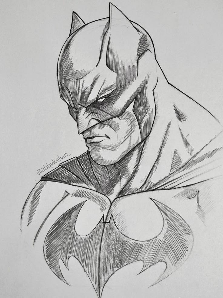 Sketch of a superhero in a cape with a bat emblem on the chest, showcasing strong facial features and pointed ears.