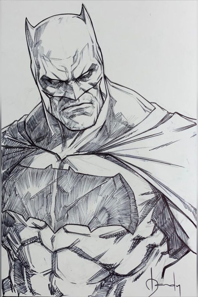 Black and white sketch of a superhero in a cape with a serious expression.