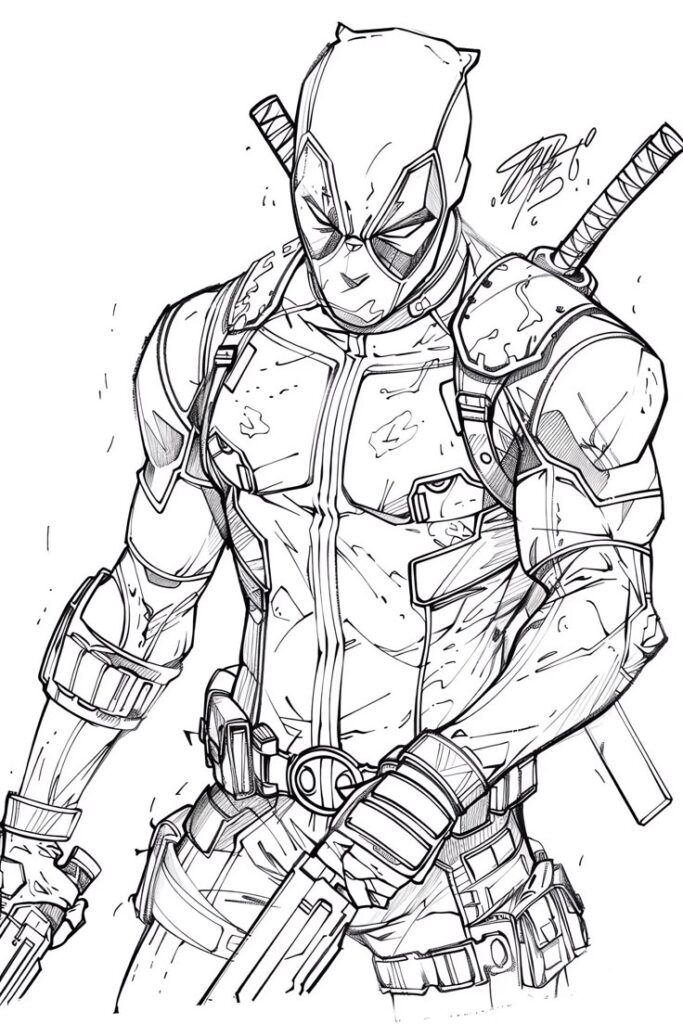 Comic book character line art with swords and distressed armor, exuding strength and intensity.